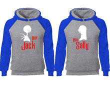 Load image into Gallery viewer, Her Jack His Sally couple hoodies, raglan hoodie. Royal Blue Grey hoodie mens, Royal Blue Grey red hoodie womens.