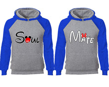 Load image into Gallery viewer, Soul Mate couple hoodies, raglan hoodie. Royal Blue Grey hoodie mens, Royal Blue Grey red hoodie womens.