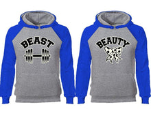 Load image into Gallery viewer, Beast Beauty couple hoodies, raglan hoodie. Royal Blue Grey hoodie mens, Royal Blue Grey red hoodie womens.