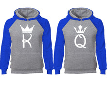 將圖片載入圖庫檢視器 King Queen couple hoodies, raglan hoodie. Royal Blue Grey hoodie mens, Royal Blue Grey red hoodie womens.