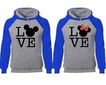 Load image into Gallery viewer, LOVE couple hoodies, raglan hoodie. Royal Blue Grey hoodie mens, Royal Blue Grey red hoodie womens.