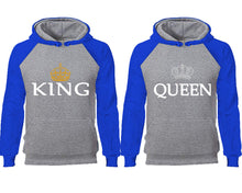 將圖片載入圖庫檢視器 King Queen couple hoodies, raglan hoodie. Royal Blue Grey hoodie mens, Royal Blue Grey red hoodie womens.