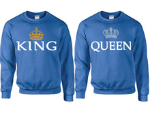 Load image into Gallery viewer, King Queen couple sweatshirts. Royal Blue sweaters for men, sweaters for women. Sweat shirt. Matching sweatshirts for couples