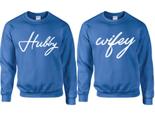 將圖片載入圖庫檢視器 Hubby Wifey couple sweatshirts. Royal Blue sweaters for men, sweaters for women. Sweat shirt. Matching sweatshirts for couples