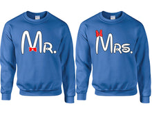 Load image into Gallery viewer, Mr Mrs couple sweatshirts. Royal Blue sweaters for men, sweaters for women. Sweat shirt. Matching sweatshirts for couples