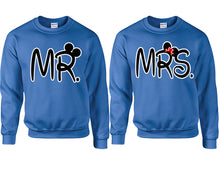Load image into Gallery viewer, Mr Mrs couple sweatshirts. Royal Blue sweaters for men, sweaters for women. Sweat shirt. Matching sweatshirts for couples