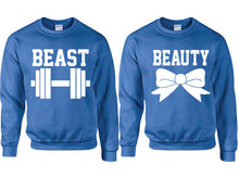 Load image into Gallery viewer, Beast Beauty couple sweatshirts. Royal Blue sweaters for men, sweaters for women. Sweat shirt. Matching sweatshirts for couples