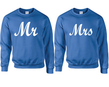 Load image into Gallery viewer, Mr and Mrs couple sweatshirts. Royal Blue sweaters for men, sweaters for women. Sweat shirt. Matching sweatshirts for couples