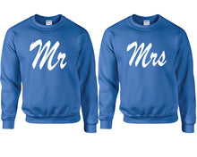 Load image into Gallery viewer, Mr and Mrs couple sweatshirts. Royal Blue sweaters for men, sweaters for women. Sweat shirt. Matching sweatshirts for couples