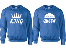 Load image into Gallery viewer, King and Queen couple sweatshirts. Royal Blue sweaters for men, sweaters for women. Sweat shirt. Matching sweatshirts for couples