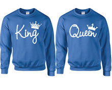 Load image into Gallery viewer, King Queen couple sweatshirts. Royal Blue sweaters for men, sweaters for women. Sweat shirt. Matching sweatshirts for couples