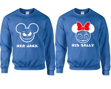 Load image into Gallery viewer, Her Jack and His Sally couple sweatshirts. Royal Blue sweaters for men, sweaters for women. Sweat shirt. Matching sweatshirts for couples
