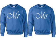 Load image into Gallery viewer, Mr and Mrs couple sweatshirts. Royal Blue sweaters for men, sweaters for women. Sweat shirt. Matching sweatshirts for couples