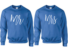 Load image into Gallery viewer, Mr and Mrs couple sweatshirts. Royal Blue sweaters for men, sweaters for women. Sweat shirt. Matching sweatshirts for couples