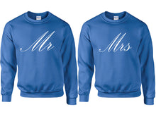 Load image into Gallery viewer, Mr and Mrs couple sweatshirts. Royal Blue sweaters for men, sweaters for women. Sweat shirt. Matching sweatshirts for couples