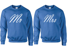 Load image into Gallery viewer, Mr and Mrs couple sweatshirts. Royal Blue sweaters for men, sweaters for women. Sweat shirt. Matching sweatshirts for couples