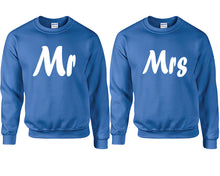 Load image into Gallery viewer, Mr and Mrs couple sweatshirts. Royal Blue sweaters for men, sweaters for women. Sweat shirt. Matching sweatshirts for couples