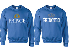 Load image into Gallery viewer, Prince Princess couple sweatshirts. Royal Blue sweaters for men, sweaters for women. Sweat shirt. Matching sweatshirts for couples