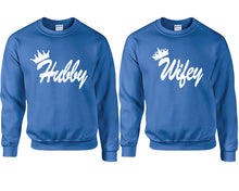將圖片載入圖庫檢視器 Hubby and Wifey couple sweatshirts. Royal Blue sweaters for men, sweaters for women. Sweat shirt. Matching sweatshirts for couples