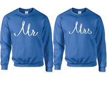 Load image into Gallery viewer, Mr and Mrs couple sweatshirts. Royal Blue sweaters for men, sweaters for women. Sweat shirt. Matching sweatshirts for couples