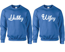 將圖片載入圖庫檢視器 Hubby and Wifey couple sweatshirts. Royal Blue sweaters for men, sweaters for women. Sweat shirt. Matching sweatshirts for couples