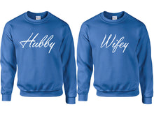 將圖片載入圖庫檢視器 Hubby and Wifey couple sweatshirts. Royal Blue sweaters for men, sweaters for women. Sweat shirt. Matching sweatshirts for couples