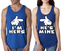Load image into Gallery viewer, I'm Hers He's Mine matching couple tank tops. Couple shirts, Royal Blue tank top for men, tank top for women. Cute shirts.
