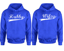 Load image into Gallery viewer, Hubby Wifey hoodie, Matching couple hoodies, Royal Blue pullover hoodies. Couple jogger pants and hoodies set.