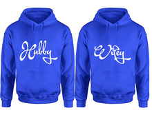 Load image into Gallery viewer, Hubby and Wifey hoodies, Matching couple hoodies, Royal Blue pullover hoodies