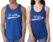 Load image into Gallery viewer, Hubby Wifey matching couple tank tops. Couple shirts, Royal Blue tank top for men, tank top for women. Cute shirts.