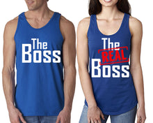 Load image into Gallery viewer, The Boss The Real Boss  matching couple tank tops. Couple shirts, Royal Blue tank top for men, tank top for women. Cute shirts.