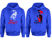 Load image into Gallery viewer, Her Joker His Harley hoodie, Matching couple hoodies, Royal Blue pullover hoodies. Couple jogger pants and hoodies set.