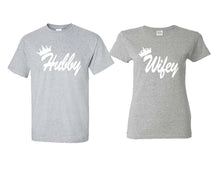 Load image into Gallery viewer, Hubby and Wifey matching couple shirts.Couple shirts, Sports Grey t shirts for men, t shirts for women. Couple matching shirts.
