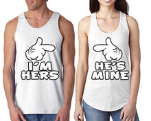 Load image into Gallery viewer, I'm Hers He's Mine matching couple tank tops. Couple shirts, White tank top for men, tank top for women. Cute shirts.