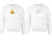 Load image into Gallery viewer, King Queen couple sweatshirts. White sweaters for men, sweaters for women. Sweat shirt. Matching sweatshirts for couples