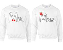 Load image into Gallery viewer, Mr Mrs couple sweatshirts. White sweaters for men, sweaters for women. Sweat shirt. Matching sweatshirts for couples