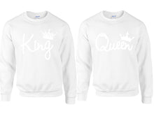Load image into Gallery viewer, King Queen couple sweatshirts. White sweaters for men, sweaters for women. Sweat shirt. Matching sweatshirts for couples