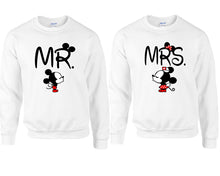 Load image into Gallery viewer, Mr Mrs couple sweatshirts. White sweaters for men, sweaters for women. Sweat shirt. Matching sweatshirts for couples