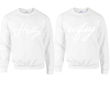 將圖片載入圖庫檢視器 Hubby Wifey couple sweatshirts. White sweaters for men, sweaters for women. Sweat shirt. Matching sweatshirts for couples