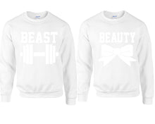 Load image into Gallery viewer, Beast Beauty couple sweatshirts. White sweaters for men, sweaters for women. Sweat shirt. Matching sweatshirts for couples