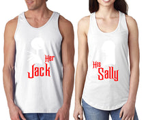 Load image into Gallery viewer, Her Jack His Sally  matching couple tank tops. Couple shirts, White tank top for men, tank top for women. Cute shirts.