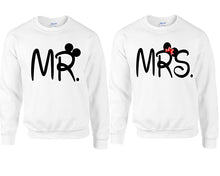 Load image into Gallery viewer, Mr Mrs couple sweatshirts. White sweaters for men, sweaters for women. Sweat shirt. Matching sweatshirts for couples
