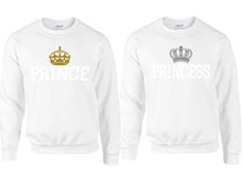 Load image into Gallery viewer, Prince Princess couple sweatshirts. White sweaters for men, sweaters for women. Sweat shirt. Matching sweatshirts for couples