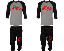 將圖片載入圖庫檢視器 Her King and His Queen baseball shirts, matching top and bottom set, Black Grey Black baseball shirts, men joggers, shirt and jogger pants women. Matching couple joggers