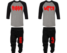 將圖片載入圖庫檢視器 Hubby and Wifey baseball shirts, matching top and bottom set, Black Grey Black baseball shirts, men joggers, shirt and jogger pants women. Matching couple joggers