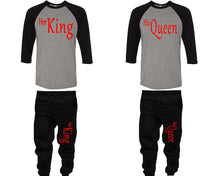 將圖片載入圖庫檢視器 Her King and His Queen baseball shirts, matching top and bottom set, Black Grey Black baseball shirts, men joggers, shirt and jogger pants women. Matching couple joggers
