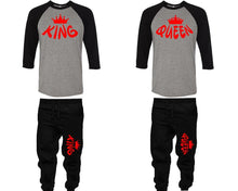 Load image into Gallery viewer, King and Queen baseball shirts, matching top and bottom set, Black Grey Black baseball shirts, men joggers, shirt and jogger pants women. Matching couple joggers