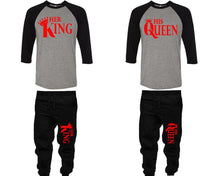 Load image into Gallery viewer, Her King and His Queen baseball shirts, matching top and bottom set, Black Grey Black baseball shirts, men joggers, shirt and jogger pants women. Matching couple joggers