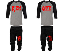 Load image into Gallery viewer, King and Queen baseball shirts, matching top and bottom set, Black Grey Black baseball shirts, men joggers, shirt and jogger pants women. Matching couple joggers