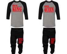 Load image into Gallery viewer, Her King and His Queen baseball shirts, matching top and bottom set, Black Grey Black baseball shirts, men joggers, shirt and jogger pants women. Matching couple joggers